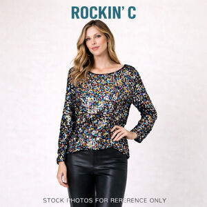 Rockin C Multicolor Sequin Party Top Size M Disco Festival Glam Statement Blouse